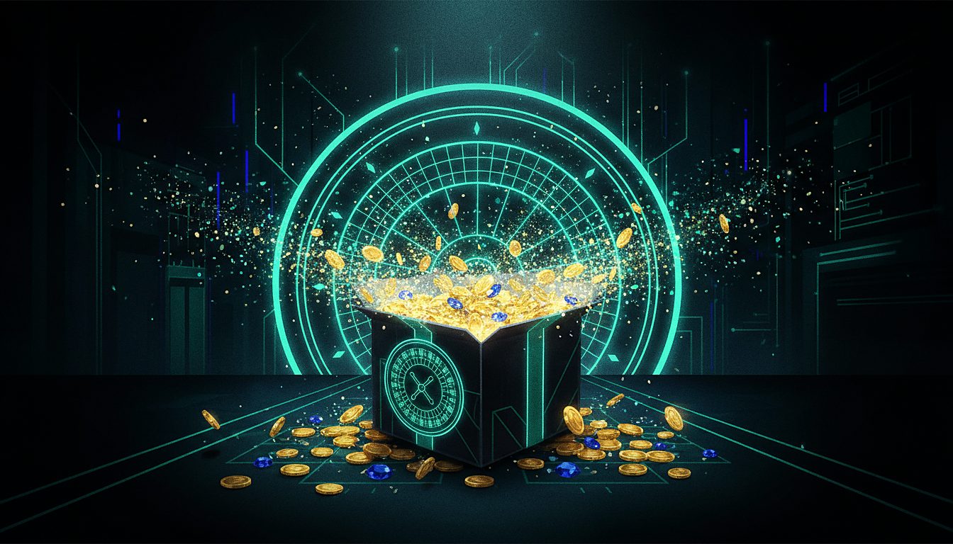gift box overflowing with coins and sparkles, bonus theme
