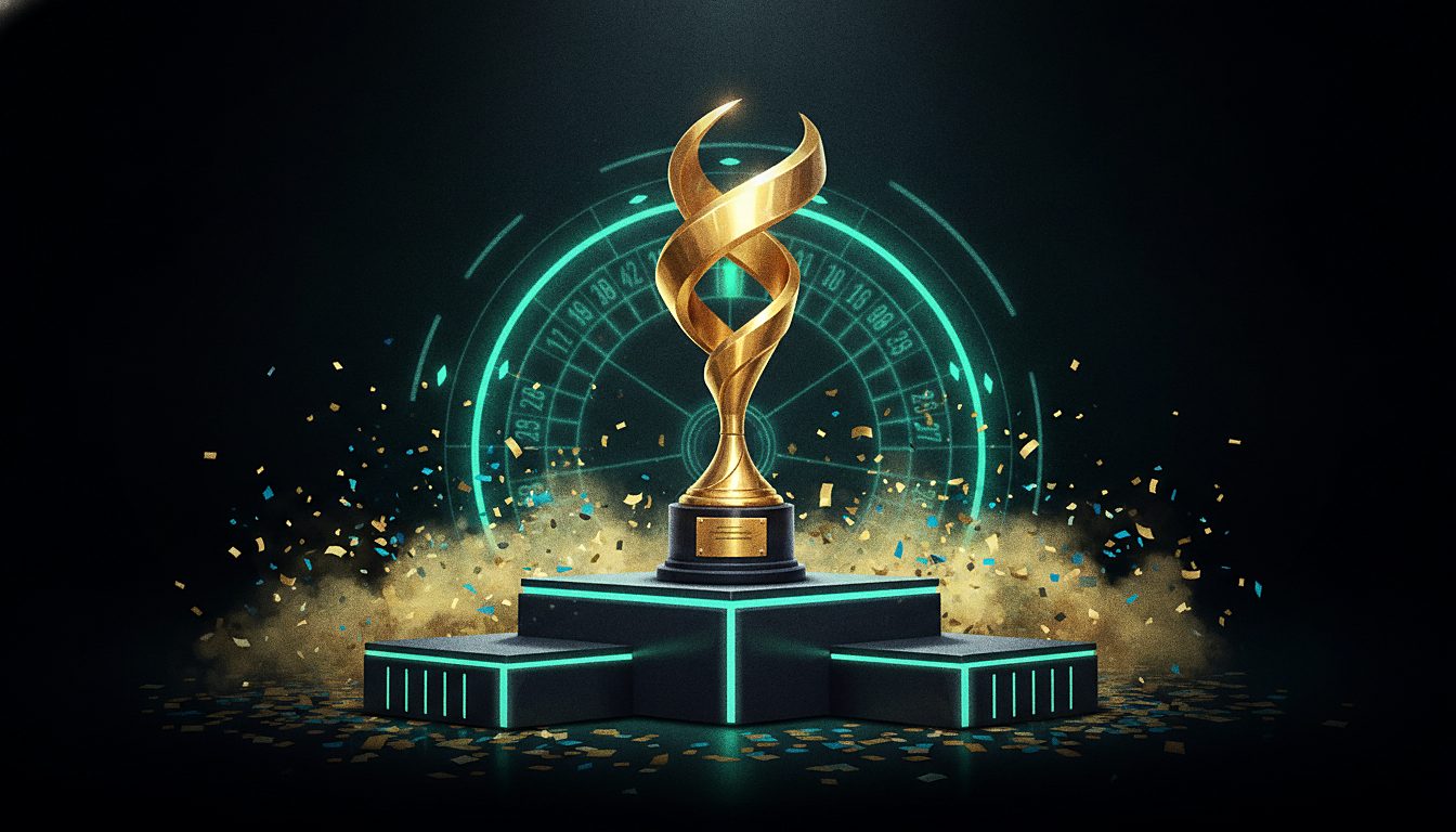 golden trophy on a podium with confetti, tournament theme